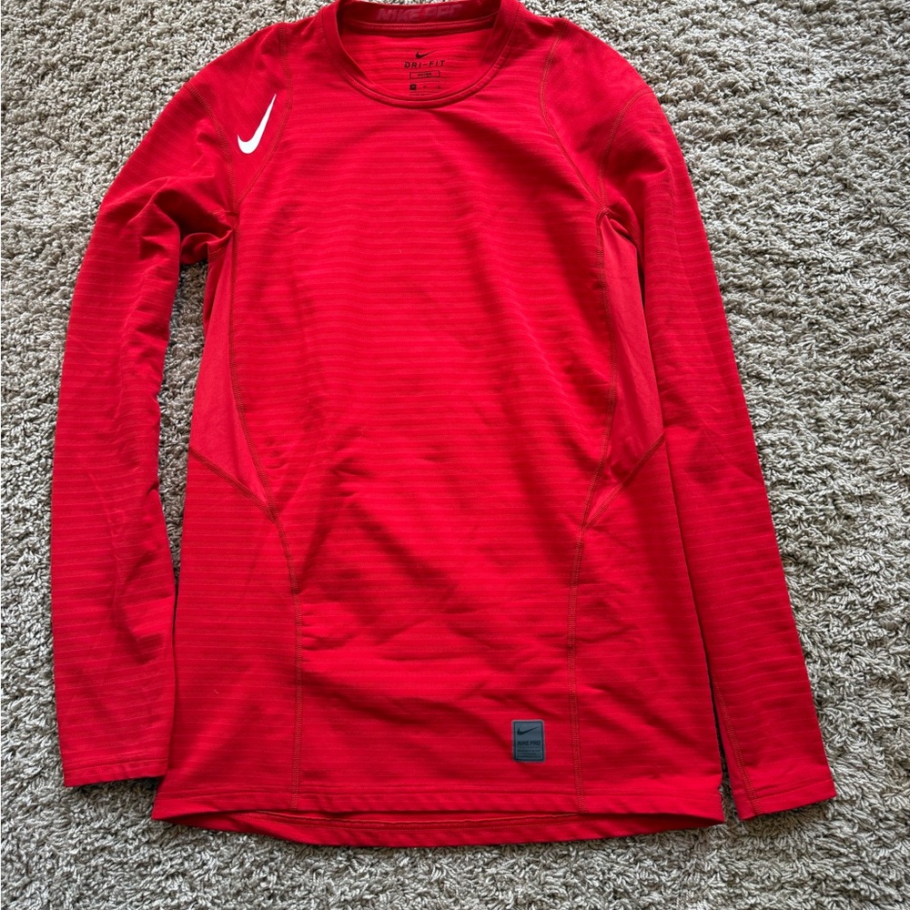 Nike Red Athletic Compression Top with Black Logo Patch